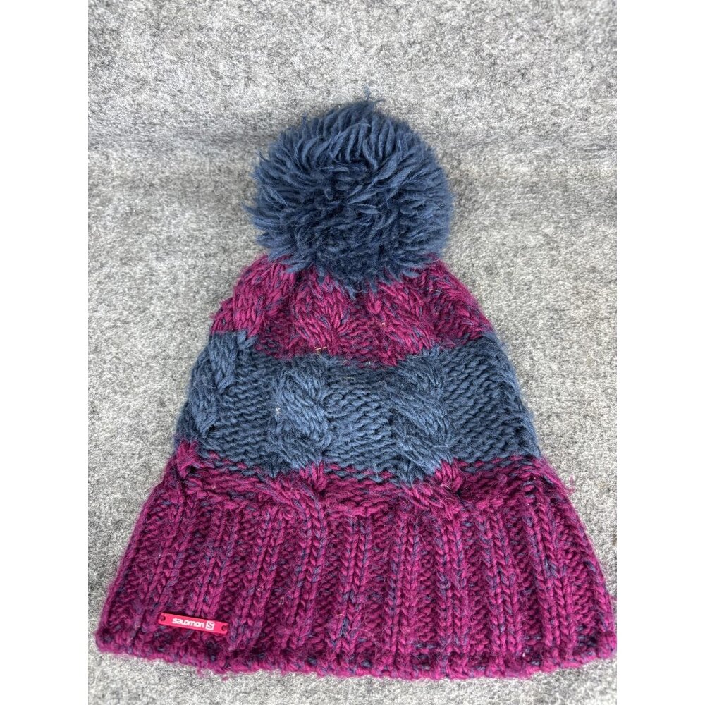 Salomon Hat Beanie Womens One Size Blue Purple Knit Pom Fleece Lined Cable Ski